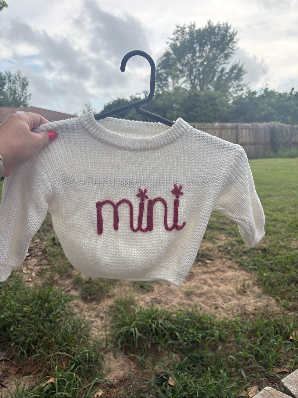 White Knit Baby Sweater with burgundy "mini" Embroidery